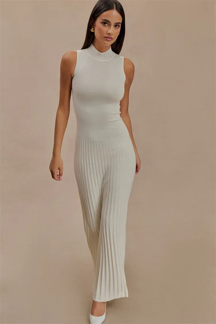 Half High Neck Sleeveless Tight Winered Long Dress Pit Stripe Knitting Women Dress 2025 New Fashion Summer Spring Clothing