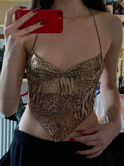 Fashion Trendy Leopard Short Women's Tank Sleeves V-Neck Ruched Fabric Slim Fit Camisole Y2k Chic