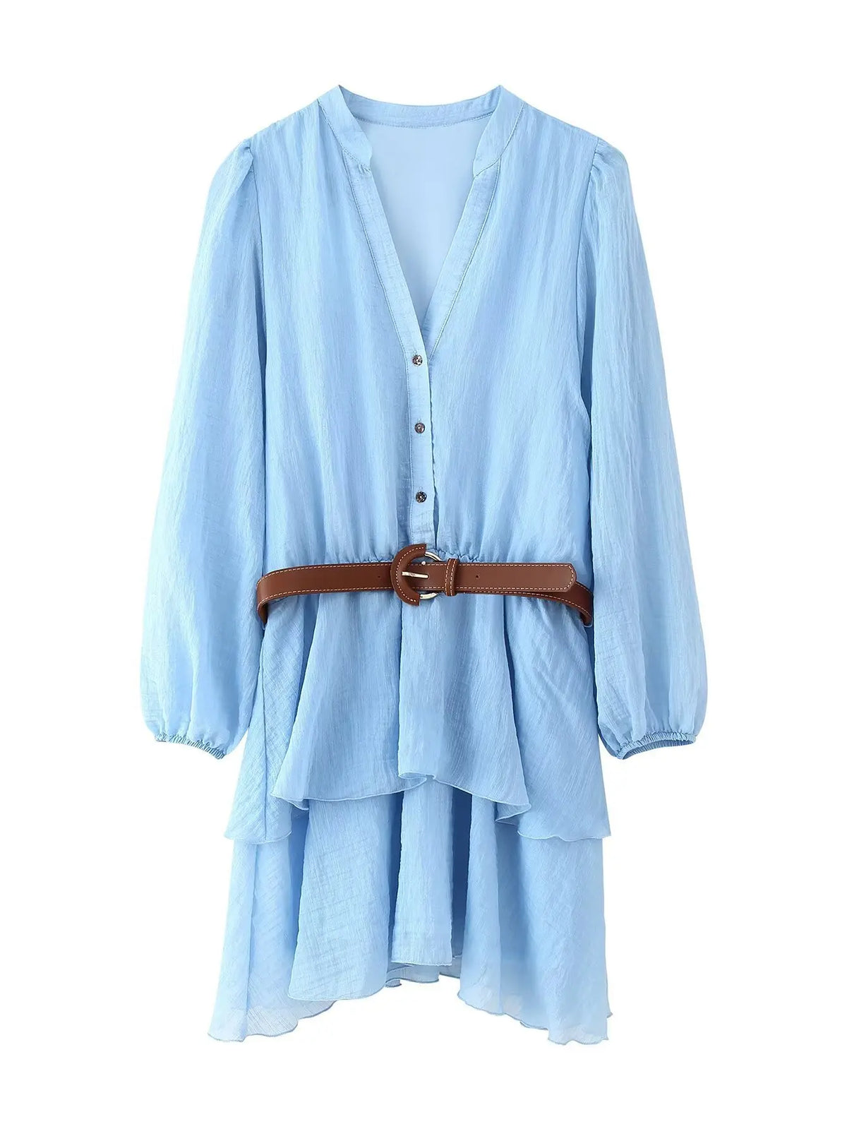 Vacation Blue Short Dress For Summer Lantern Sleeve Casual Solid Color Spring Women Dress With Belt A-line Fashion Vestidos