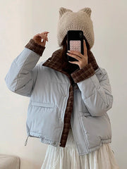 Winter Retro Puffy Parkas Women Warm Thick Plaid Patchwork Cute Coat Casual Preppy Style Korean Long Sleeve Cotton Jackets