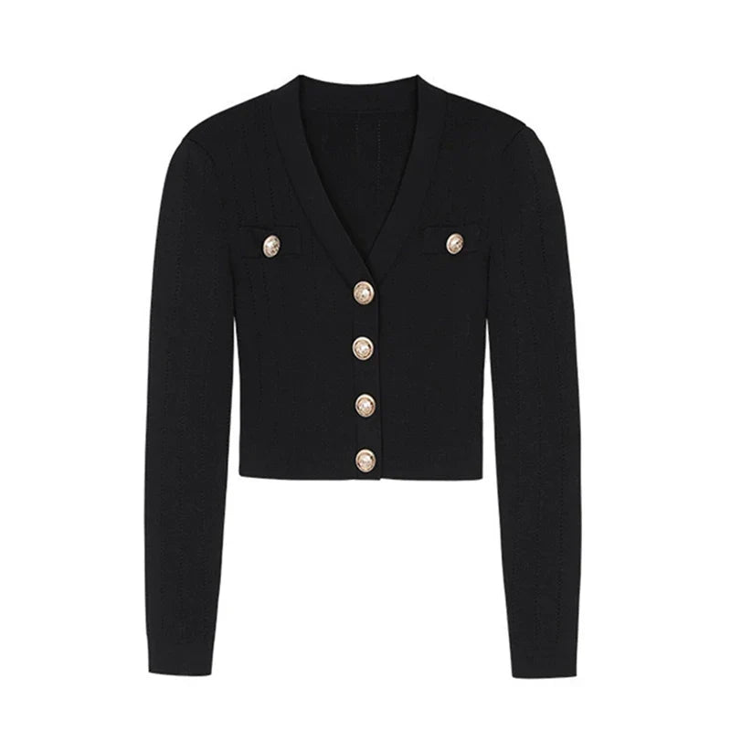 Gold Button Front Knit Cardigan Women Long Sleeve Crop Sweater Jacket Fitted Top Teen-girl Fall Winter Vintage 90s Outfit