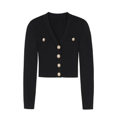 Gold Button Front Knit Cardigan Women Long Sleeve Crop Sweater Jacket Fitted Top Teen-girl Fall Winter Vintage 90s Outfit