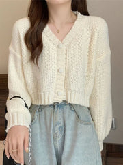 Sexy Cropped Sweet Cardigan Women V Neck Vintage Slim Long Sleeve Knitted Sweaters Korean Causal Simple Solid Lady Fall Tops New