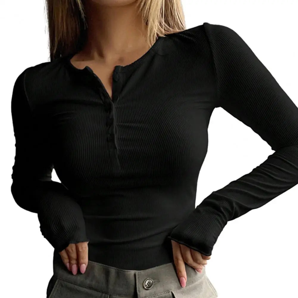 Women Fall Spring Top O Neck Button Long Sleeve Shirts Solid Color Slim Fit Pullover T-shirt Blouse Simple Style Lady Costume