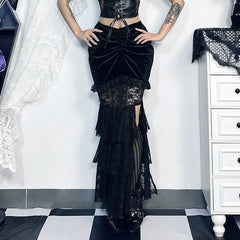 Gothic Folding Fishtail Multi-layer Splicing Split Skirt Woman Velvet High Waist Lace Patchwork Punk Mermaid Skirts