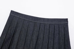 Fashion Denim Bomber Jacket And Pleat Skirt Spring Summer Outfits New Navy Blue Zipper Coat + Short Skirt Retro Casual Suit