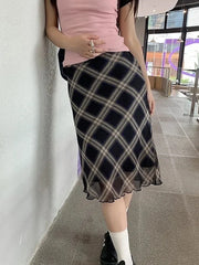 HOUZHOU Y2k Vintage Plaid Skirt Women Summer 2024 Korean Style Casual Mesh Print High Waist Slim Midi Skirt Girl 90s Streetwear