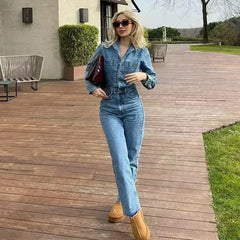 Autumn Denim Jumpsuit for Women Overalls Woman Jean Overalls Long Sleeve Elegant Jumpsuits Y2k Streetwear Turn Down Collar