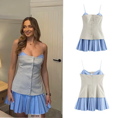 2025 New Vintage Stripe Patchwork Short Dress Fashion Pleated Slip Dress A-line Chic Single Breasted Summer Dress Vestidos