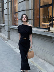 Vintage Fashion One Shoulder Folds Ladies Summer Sleeveless Bodycon Dress Elegant Chic Party Evening Wedding Dresses for Women