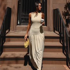 Fashion Simple Design Patchwork Long Dress New Sleeveless A-line Pleat Elegant Chic Summer Dress Streetwear Female Clothing