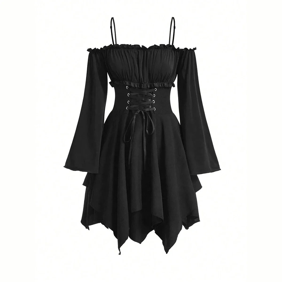 Women's Dresses Autumn Halloween Contrast Color Asymmetrical Hem Flounce Trim Lace Up Long Sleeve Off Shoulder Mini Dre