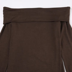 Brown Ruffles Slash Neck Midi Dress