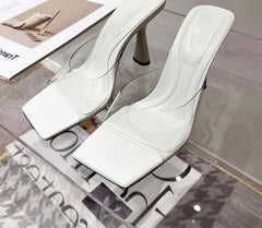 Summer New Fashion Design PVC Transparent Women Slipper Fashion Square Toe High Heel Ladies Dress Party Mules Slides