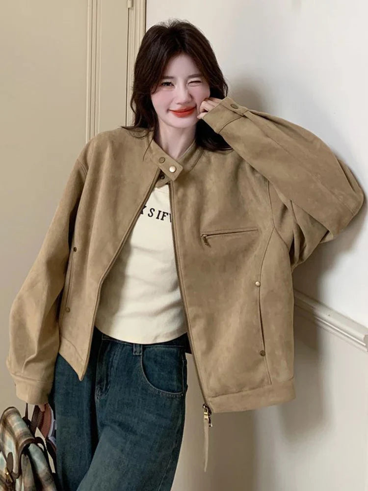 Women Faux Suede Y2K Jacket Streetwear Loose Long Sleeve Vintage Coat American Casual Harajuku Retro Stand Collar Fall Tops