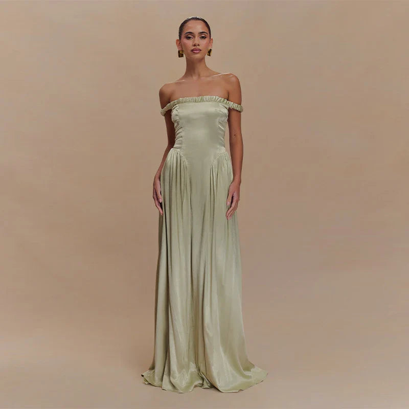 Elegant Stain Off Shoulder Long Dresses Women Retro Solid Waist-cinching Large Hem Evening Dress Lady Chic Party Beach Holiday