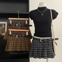 Y2K Checkered Pleated Skirt with Belt Thick Woolen Plaid Short Skirt Teen-girl 9s Preppy Style Autumn Winter Outfit