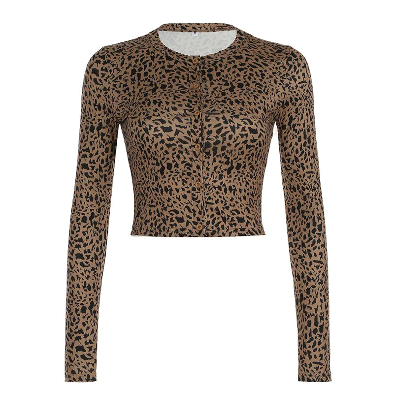 Leopard Sexy Single Breasted Women's Tops Long Sleeve Slim Fit Gyaru Clothing Streetwear Trendy T-Shirts Autumn