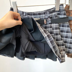 Y2K Checkered Pleated Skirt with Belt Thick Woolen Plaid Short Skirt Teen-girl 9s Preppy Style Autumn Winter Outfit