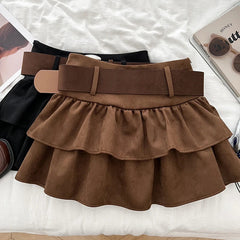 Tiered Ruffled Mini Skirt with Belt Built-in Shorts Thick Wool High Waisted Short Skirt Women Teen-girl Autumn Winter Y2K Outfit