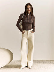 Zipper Stand Collar Slim Women Sweater Basic Solid Color Long Sleeve Knitting Tops Spring Fall Casual Ribbed Tight Jakcet Female