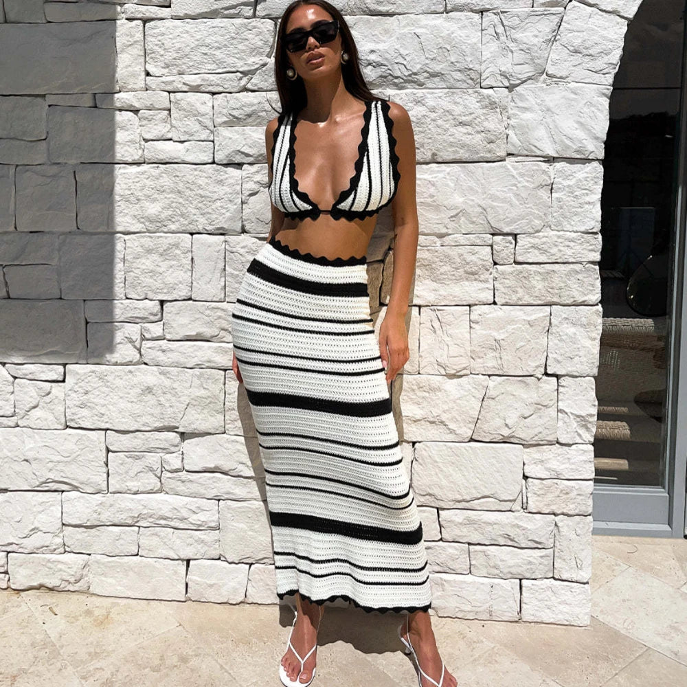 Summer Knitted Beach Skirt Sets Women Sexy Backless Slim Bohemian Outfits Fashion Striped Holiday Two Piece Set Beachwear