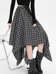 Y2K Streetwear Plaid Long Skirt Women High Waist Retro Hip Hop Irregular Skirt Fall Casual American Gothic Female Long Skirts