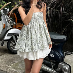 Floral Graphic Print Tube Tops Y2k Elastic Bust Strapless Flowy Camis Fairycore Sweet Cute Off Shoulder Backless Babydoll Vest