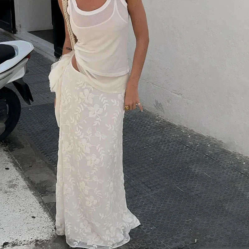 Elegant French A-Line Mesh Fashion Long Skirts Women High Waist Casual Sexy Spring Summer Evening Party New Maxi Skirt