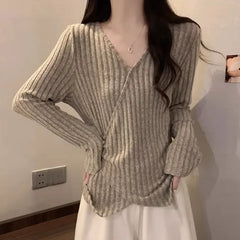 Early Autumn Cross V Neck Long Sleeve Pullovers High Street French Temperament Base Punk Striped Sweaters Y2k Harajuku Jumpers