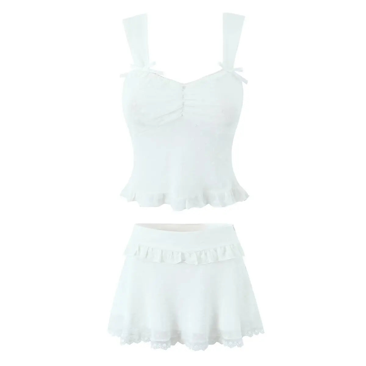 2025 New Polka Dot Tank Crop Top And Ruffle Short Skirt Sweet Chic Summer Outfits Bow Vest + Pleat Skirt Fashion Two Piece Set
