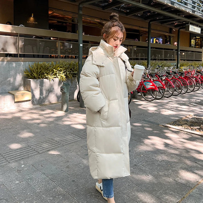 Korean Jacket Women Winter X-long Parkas Solid Hooded Thicken Warm Female Snow Wear Coat Padded Loose Clothes