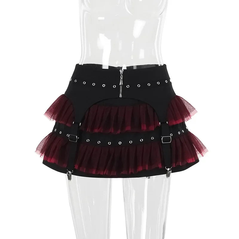 Y2K Gothic Red Lace Mesh Patchwork Mini Skirt Sexy Vintage Zipper Ballet Lolita Short Skirts Women Girls New Fashion Skirt