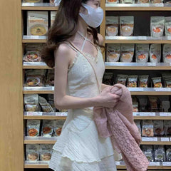 Korean Style Fairycore Beige Mini Dress Women Y2k One Piece Tunic Halter Dresses Sweet Ruffle Lolita Vestidos Summer