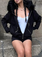 Causal Streetwear Punk Zipper Hooded Sweats Women's Autumn Winter Trendy Meal Style Sweatershirts Chic