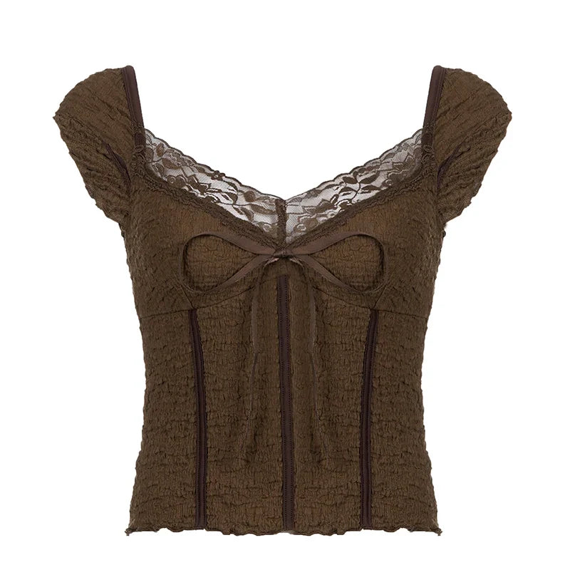 Lace-up Lace Patchwork Y2K Top Short Sleeve Summer Casual Cute Clothes Vintage Tank Tops Coquette T-shirt Women Tees