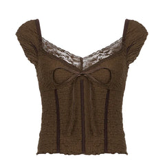 Lace-up Lace Patchwork Y2K Top Short Sleeve Summer Casual Cute Clothes Vintage Tank Tops Coquette T-shirt Women Tees