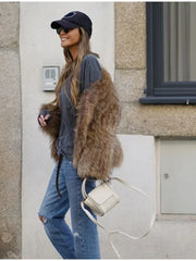 Women Fashion Thicken Short Faux Fur Jacket Chic V Neck Long Sleeved Plush Cardigan Coat Winter Elegant Female Warm Outerwear