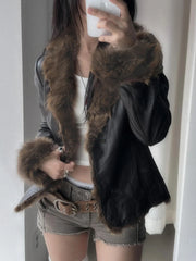 Autumn New Clothes Women's Leather Coat Long Sleeve Spliced Faux Trim Button Slim Fit Chic Coat