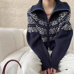 Fair Isle Zip Up Sweater Cardigan for Women Collared Zipper Front Knitted Jacket Autumn Winter Teen-girl Vintage Outfit