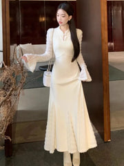 Elegant Lace Patchwork Knitted Dresses for Women Flare Sleeves Slim Mermaid Autumn Winter New Korean Fashion Vestidos Mujer