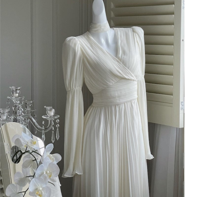 Women's French Elegant Ruffle Irregular Long Dress Korean Fashion Fairy Pleated Party Evening One Piece Dress Spring
