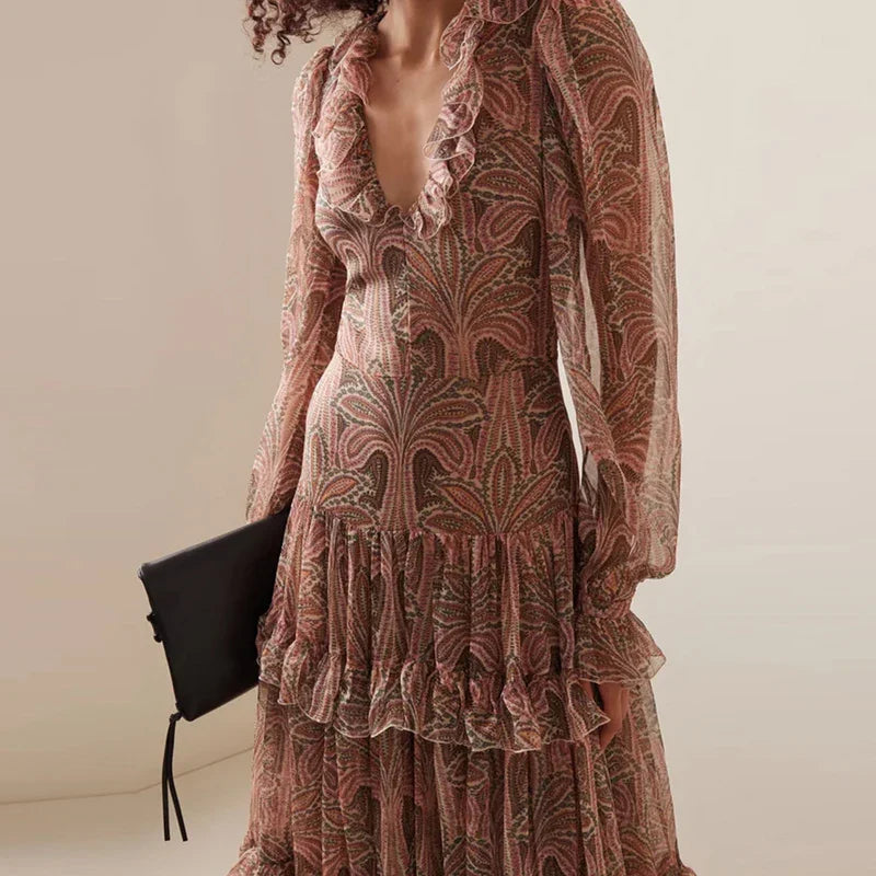 Autumn Casual Bohemia Dresses Elegant V-neck Ruffled High Waist Evening Dress Women Fashion Printed Mesh Pleated Long Dress