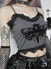 Goth Dark Emo Moth Graphic Gothic Aesthetic Camis Y2k Streetwear Lace Hem Grunge Style Crop Tops Women egirl Fashion Alt Clothes