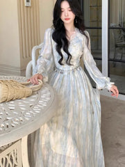 Women Elegant Blue Tie-Dye Dress  Autumn Fairy V-Neck Long Dress French Party Prom Evening Clothing New Holiday Outfits Vestidos