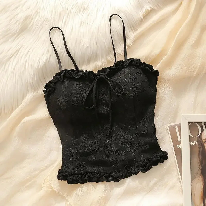 Y2k Tops French Floral Wood Ear-hem Camisole Women's Outer Wear with Breathable Lace Back-beautiful Underwear for Summer