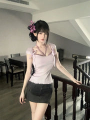 French Elegant All Match Square Off The Hsoulder Tops Y2k Aesthetic Japan Haeajuku Summer Base Girl Clothing Sweet Punk Tees