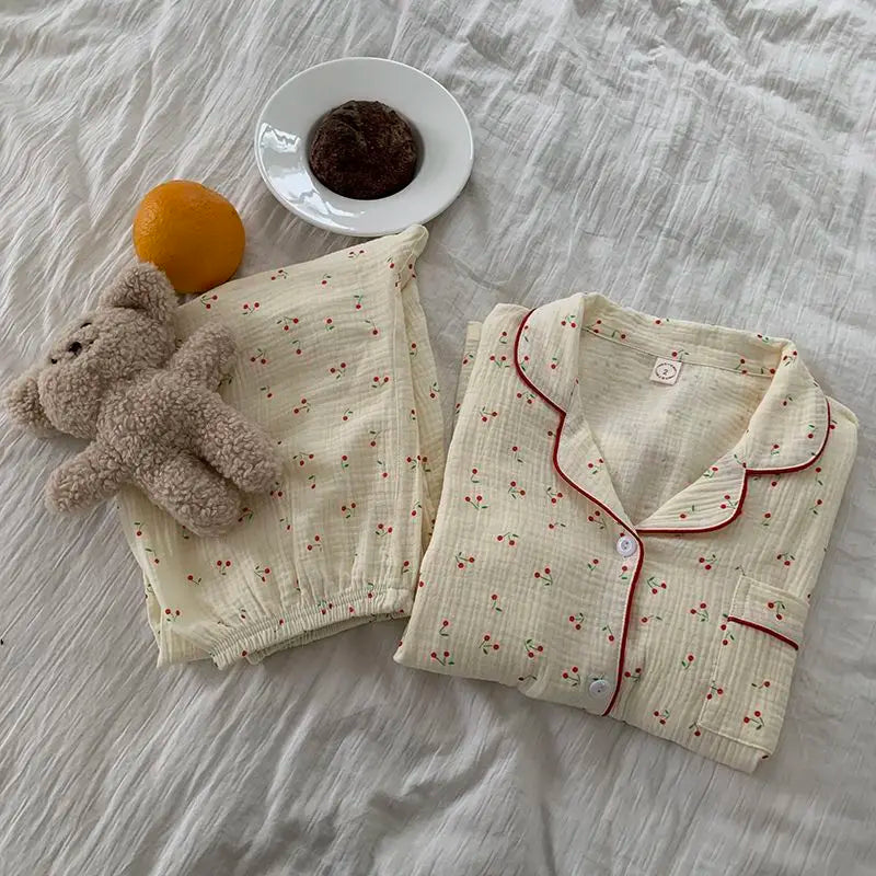 Cotton Comfort Sleepwear Casual Women Pajamas Spring Summer Cherry Print Cute Lapel Button Shirts And Pant Two Piece Sets 2024