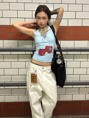 Harajuku Print Vintage Tank Tops Women Sleeveless Zipper Y2k Grunge Crop Tops American Retro Tee Tops Summer Out Wear