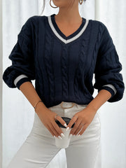 Striped trimmed twisted flower knitted shoulder sweater